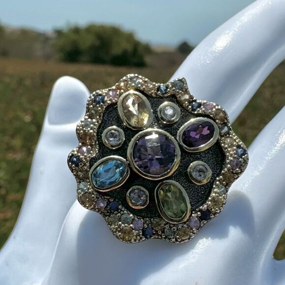 Michelle Albala Sterling Silver & 18k Gold Vermeil Multi-Gemstone Statement Ring - Picture 4 of 14